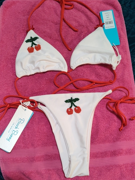 Beach Bunny Other - Beach Bunny White & Red Cherry Embellished Triangle Bikini